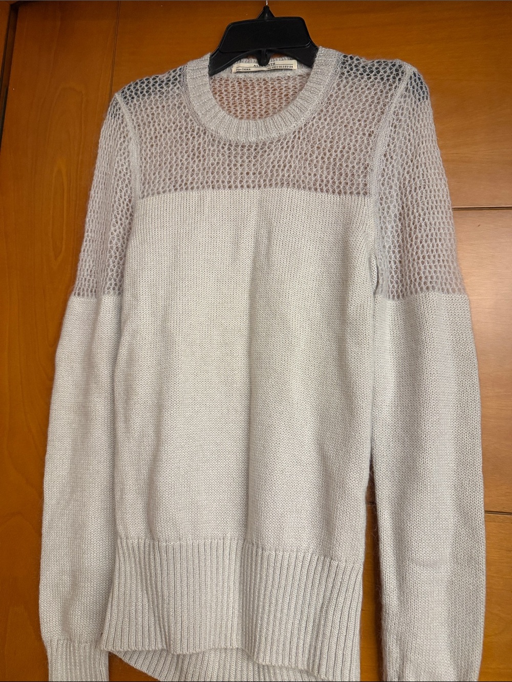 AllSaints Open-Knit Yoke Crewneck Sweater in Light Beige